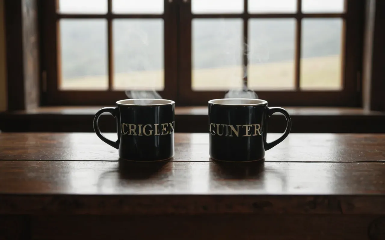 A close up view of a wooden table with two mugs of hot tea steaming gently next to each other in soft natural window light.
