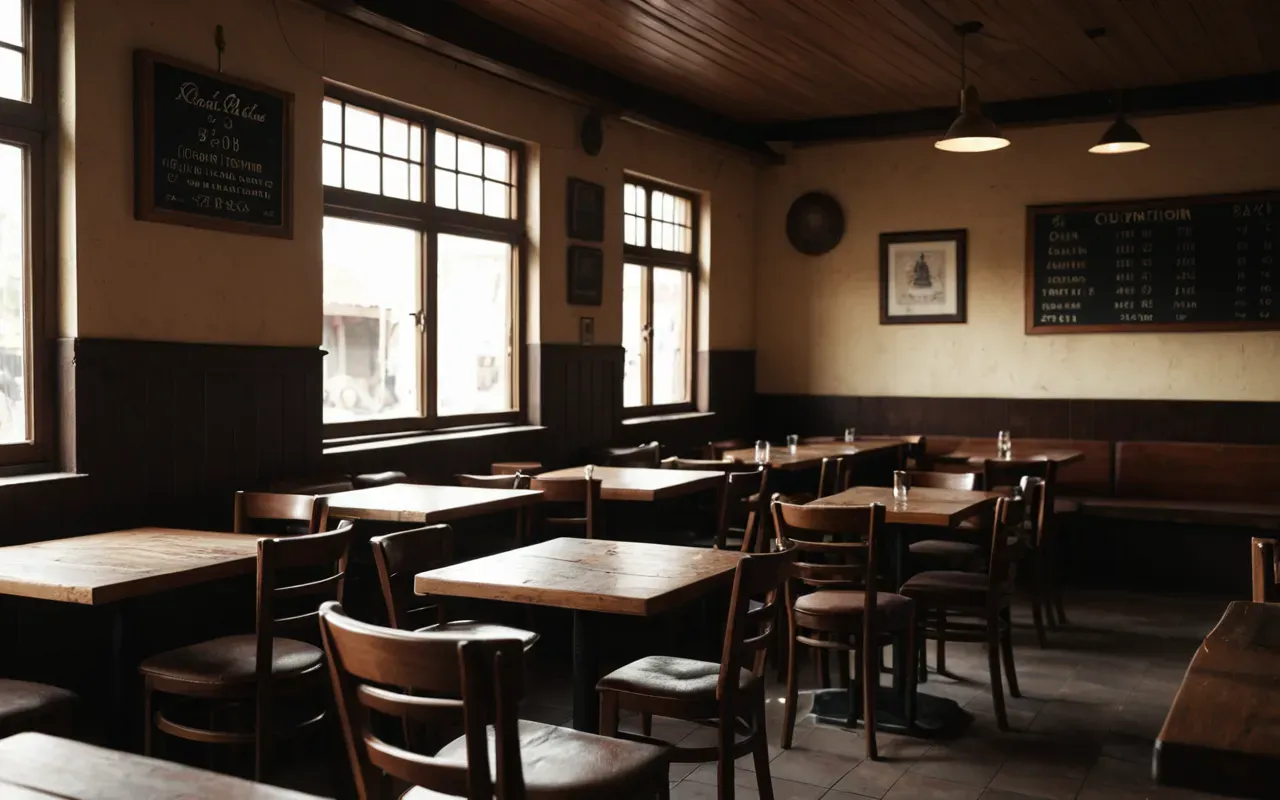 A dimly lit empty restaurant dining room with wooden tables and chairs pushed neatly into corners. A single dust mote floats in a beam of soft afternoon light coming through large windows.