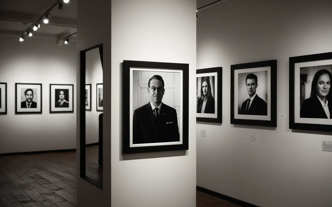 A dimly lit gallery space with white walls and warm spotlights illuminating framed black and white portraits arranged in a neat grid pattern on the wall.
