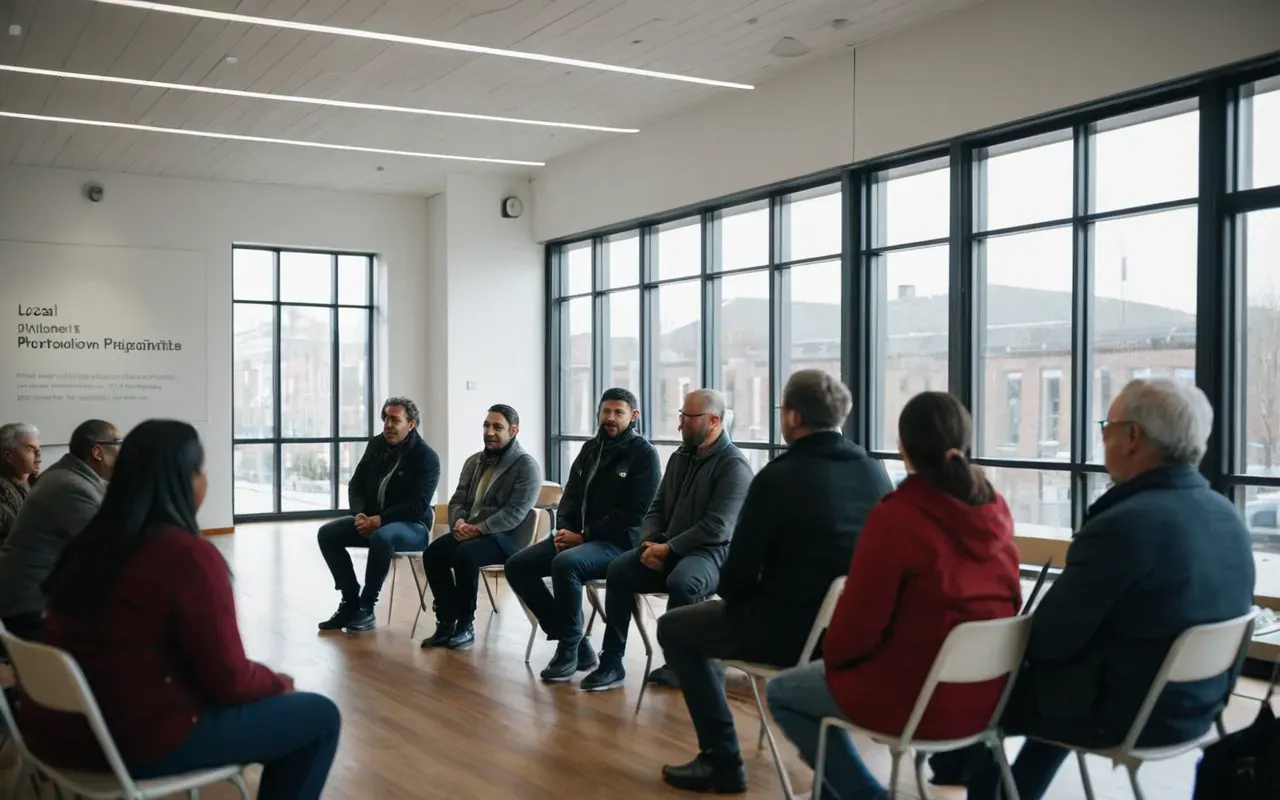 A diverse group of people sitting in a modern community hall listening to an art curator speak about public access initiatives with large windows showing a cityscape outside.
