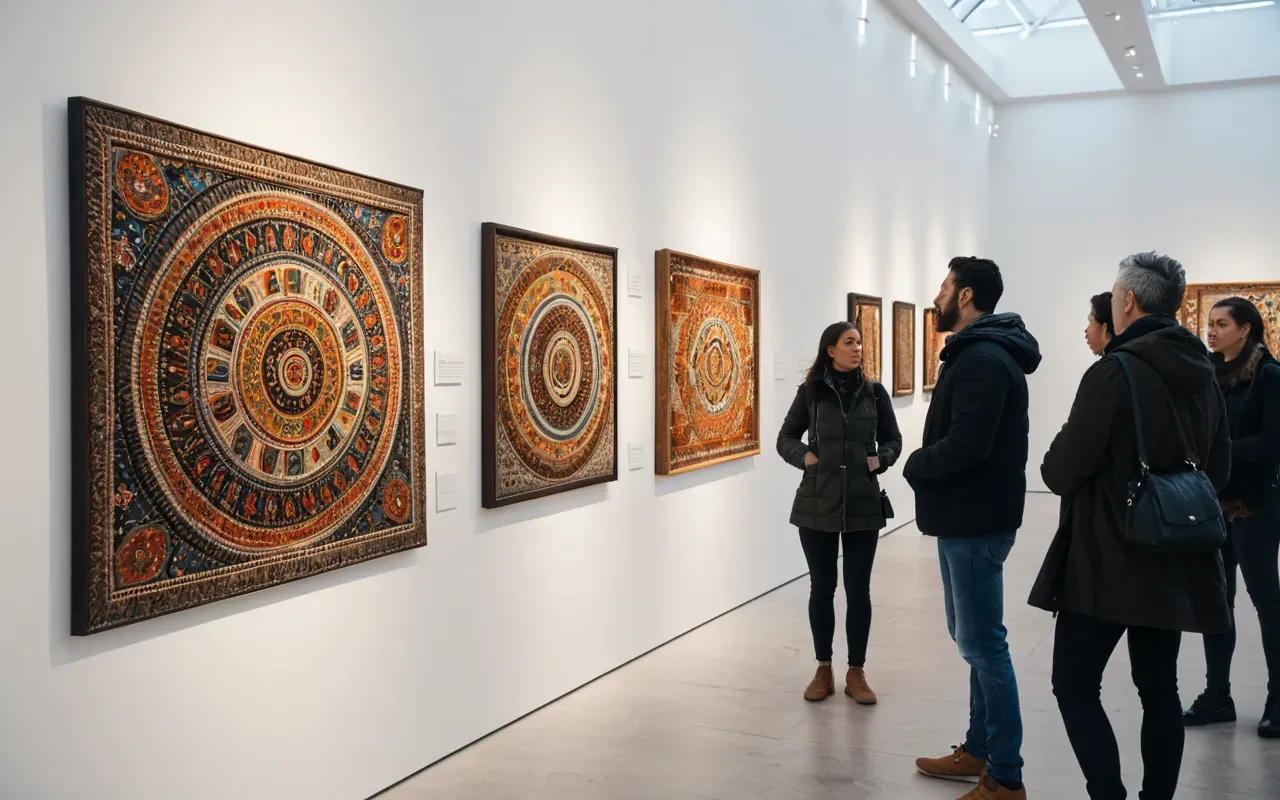 A group of people standing in a white gallery space looking at large colorful abstract paintings on the wall, natural daylight illuminating their faces and the artwork.