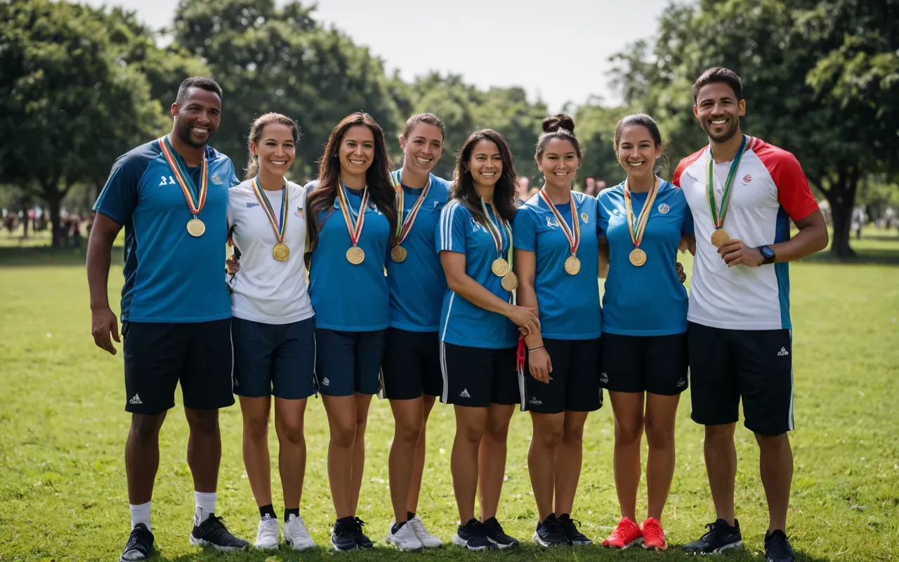 A group of people standing together holding colorful medals and wearing matching athletic shirts. They are smiling broadly in a grassy park area under bright daylight with no visible text on their clothing.