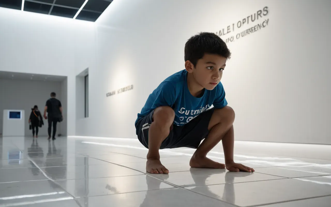 A massive hyperrealistic sculpture of a crouching boy in a modern white gallery hall with polished floors and soft overhead lighting creating dramatic shadows around the figure.