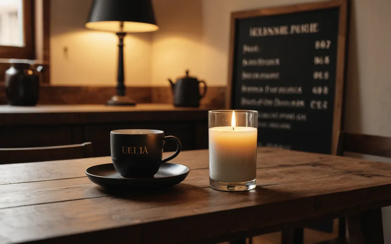A minimalist wooden table displaying a single high-end ceramic mug and an elegant glass candle holder with soft warm lighting in the background showing no text or people.
