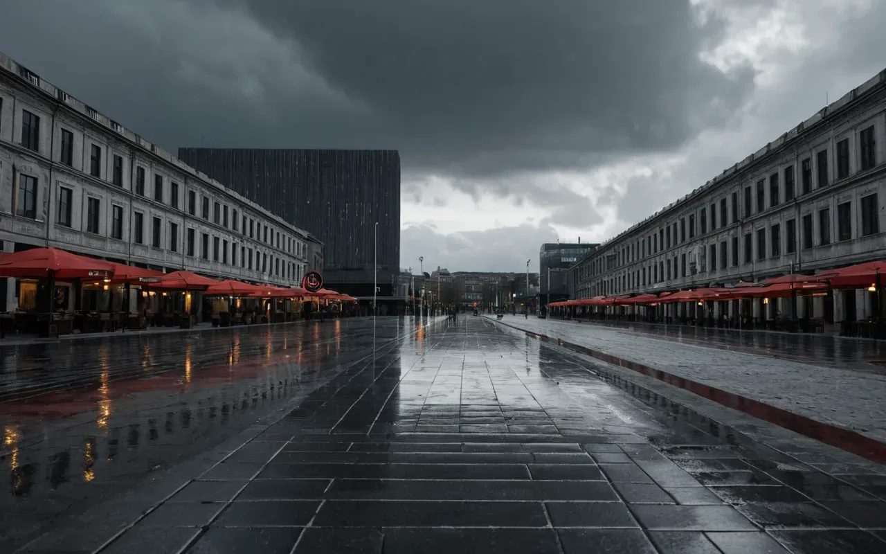 A modern city square with empty stages under heavy gray clouds and wet pavement reflecting streetlights creating a moody atmosphere without any people or text visible.