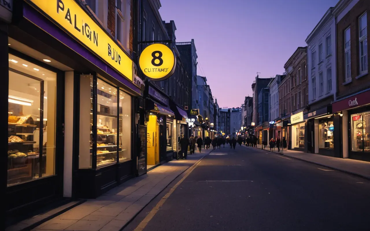 A modern city street at dusk with warm yellow lights turning on in shop windows and a clear blue sky fading to purple above the buildings.