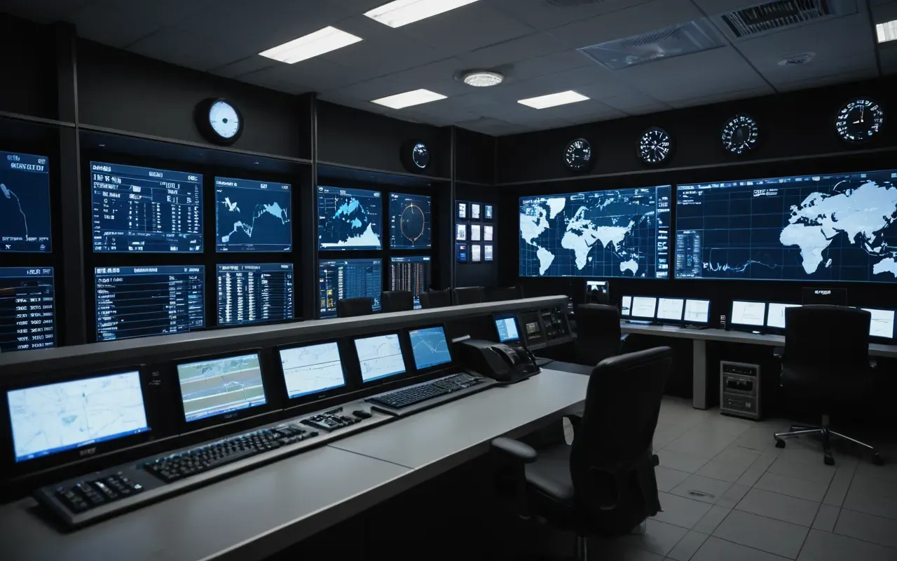 A modern control room with multiple computer screens displaying weather maps and data dashboards in a dimly lit professional environment.