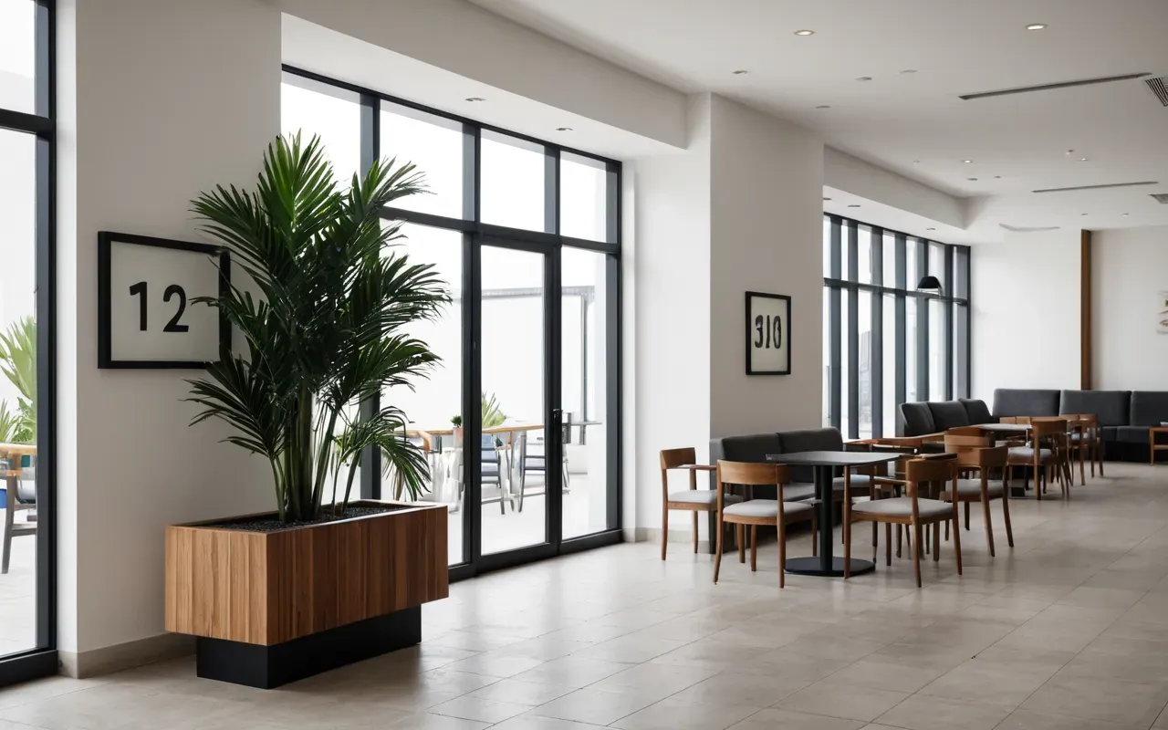 green accommodation interior A modern hotel lobby with minimalist wooden furniture and large windows letting in natural light, featuring a potted plant on a side table and clean white walls without any visible signs or screens.