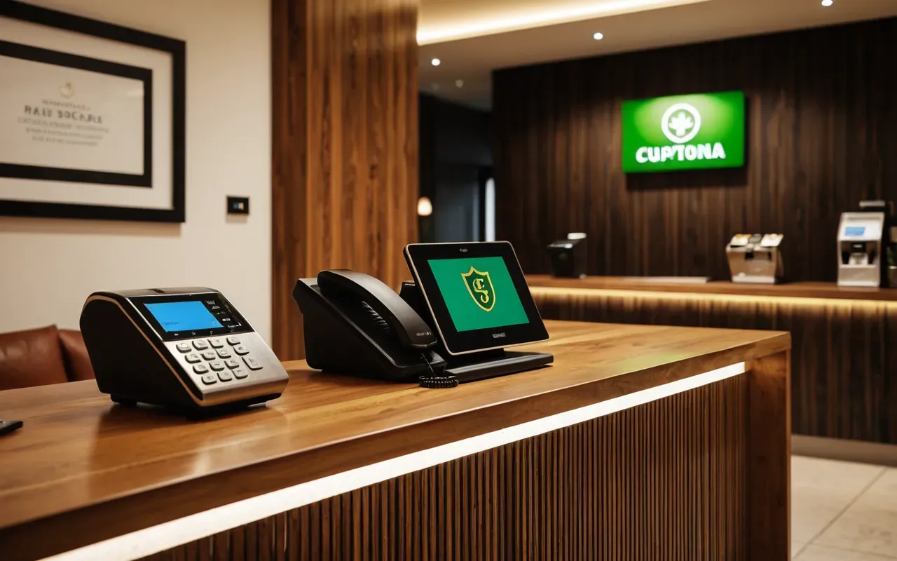 A modern hotel reception desk with a polished wooden counter and warm ambient lighting, featuring two digital payment terminals and a small green shield-shaped icon on the wall behind it.