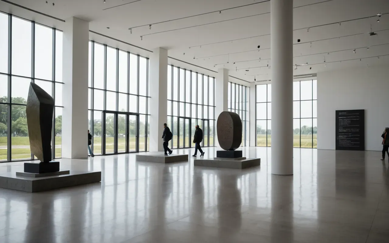 A modern minimalist museum interior with high ceilings and large windows letting in natural light where a few visitors walk past sleek abstract sculptures on pedestals.