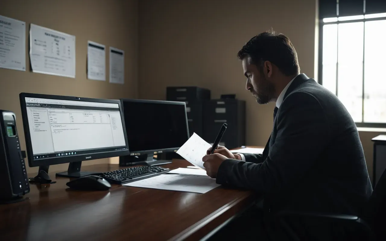 A modern office interior with a person sitting at a desk looking concerned while reviewing documents on a computer screen in dim ambient lighting with shadows falling across the room