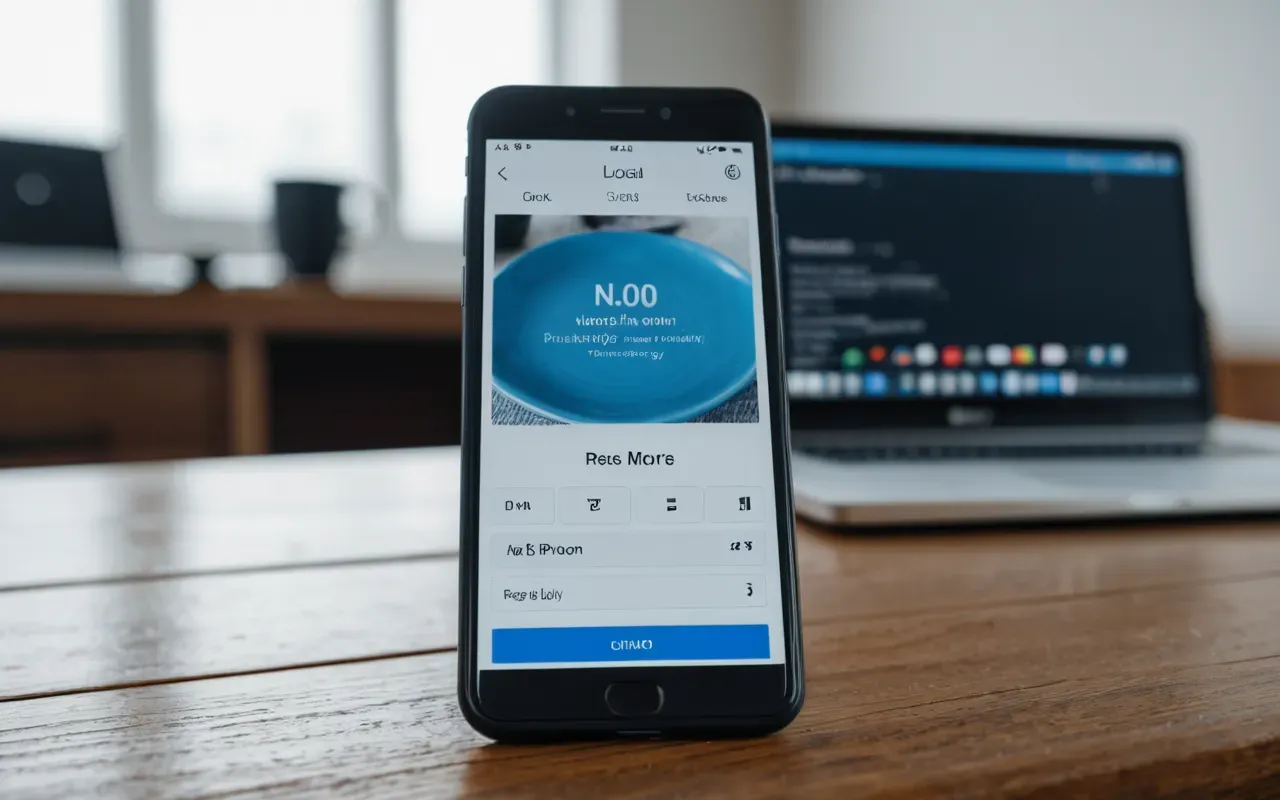 A modern smartphone screen displaying a generic browser interface with blurred abstract shapes in soft blue and white tones resting on a clean wooden desk surface near a window.