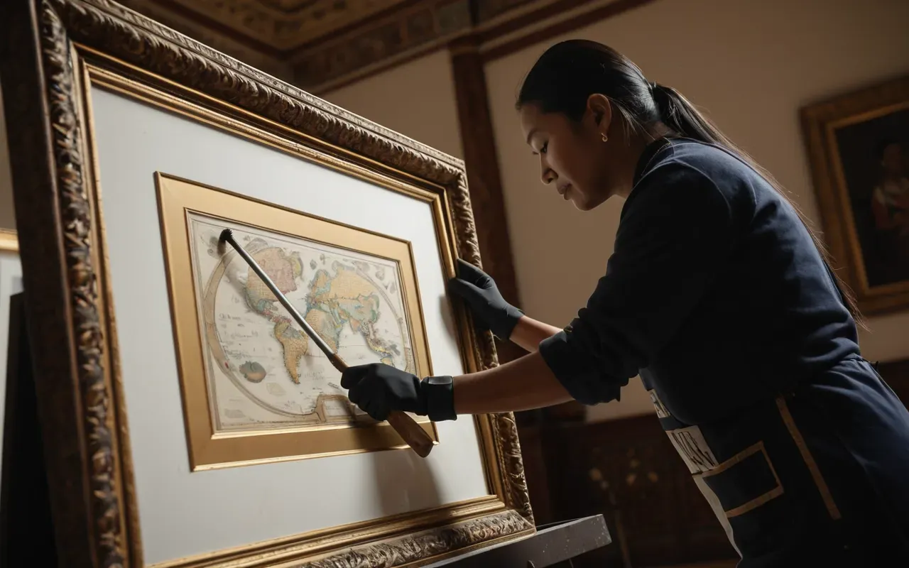 A museum worker carefully cleaning a large framed artwork with soft tools in a dimly lit room.