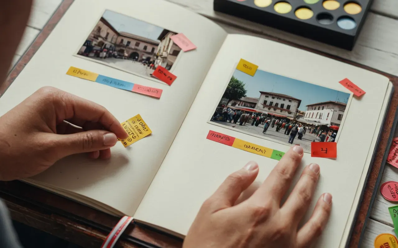 A pair of hands sticking a small printed photograph into an open scrapbook page with colorful stickers and ribbons in bright daylight.