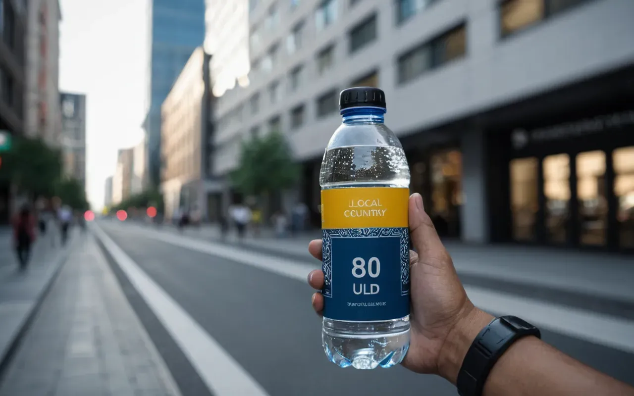 sustainable travel habits A person holding a reusable water bottle while walking through a modern city street with blurred buildings in the background and soft daylight illuminating the scene.