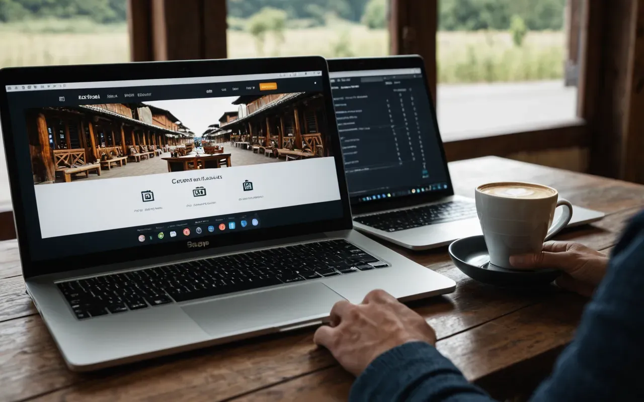 A person sitting at a wooden table with two laptops open side by side, comparing different travel websites on the screens while holding a coffee cup in one hand.