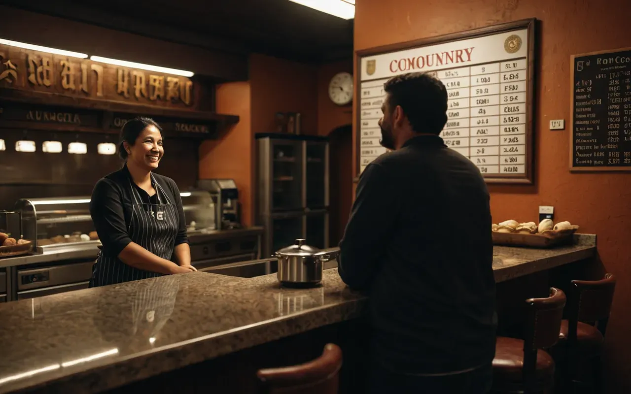 A person standing confused in a dimly lit interior space with warm ambient lighting and comfortable seating looking at a counter where a staff member is smiling politely.