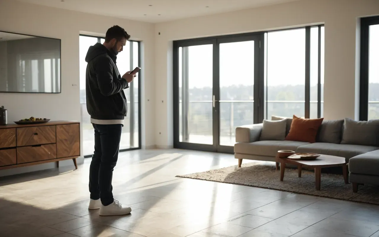 user concern privacy A person standing in a bright modern living room looking at their phone with a worried expression. Sunlight streams through large windows onto the floor, highlighting the casual setting.