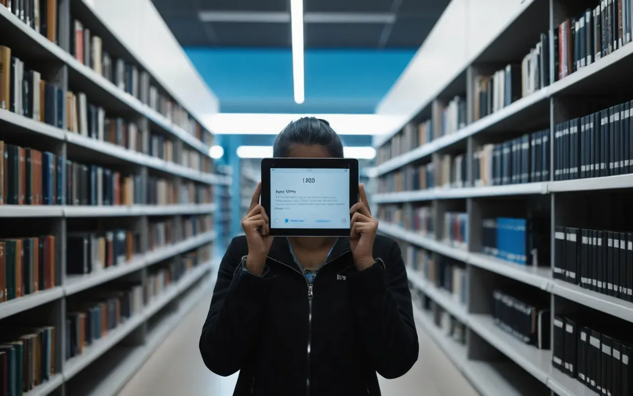 A person standing in a modern library aisle holding a tablet with their face obscured by shadow, rows of blurred book spines on shelves behind them, cool blue lighting from overhead fixtures creating long shadows on the wooden floor, no visible text or signage anywhere in the frame.