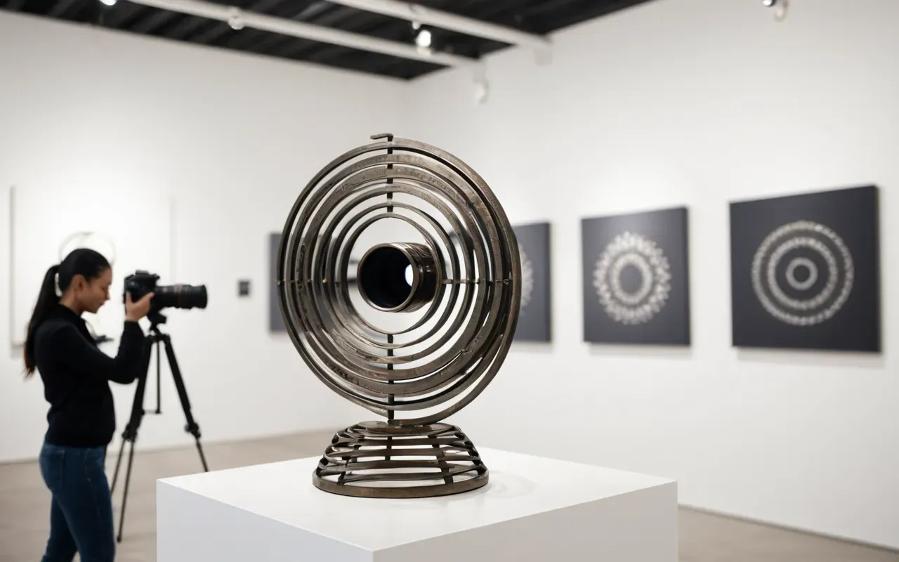 A person taking a photo of an abstract metal sculpture in a bright modern gallery space with white walls and minimalist furniture surrounding the artwork.