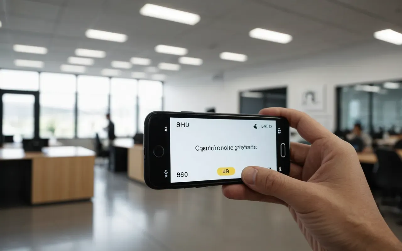 A person's hand holding a smartphone with the screen turned away from the camera. The background shows a blurred modern office interior with soft natural light coming through large windows.