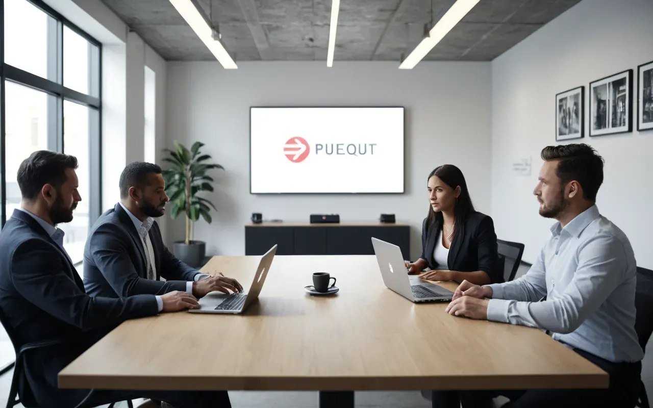 business strategy meeting A professional meeting taking place in a modern minimalist office space with two business people discussing ideas around a sleek table filled with laptops and tablets showing colorful interface designs without any readable text visible on the screens.