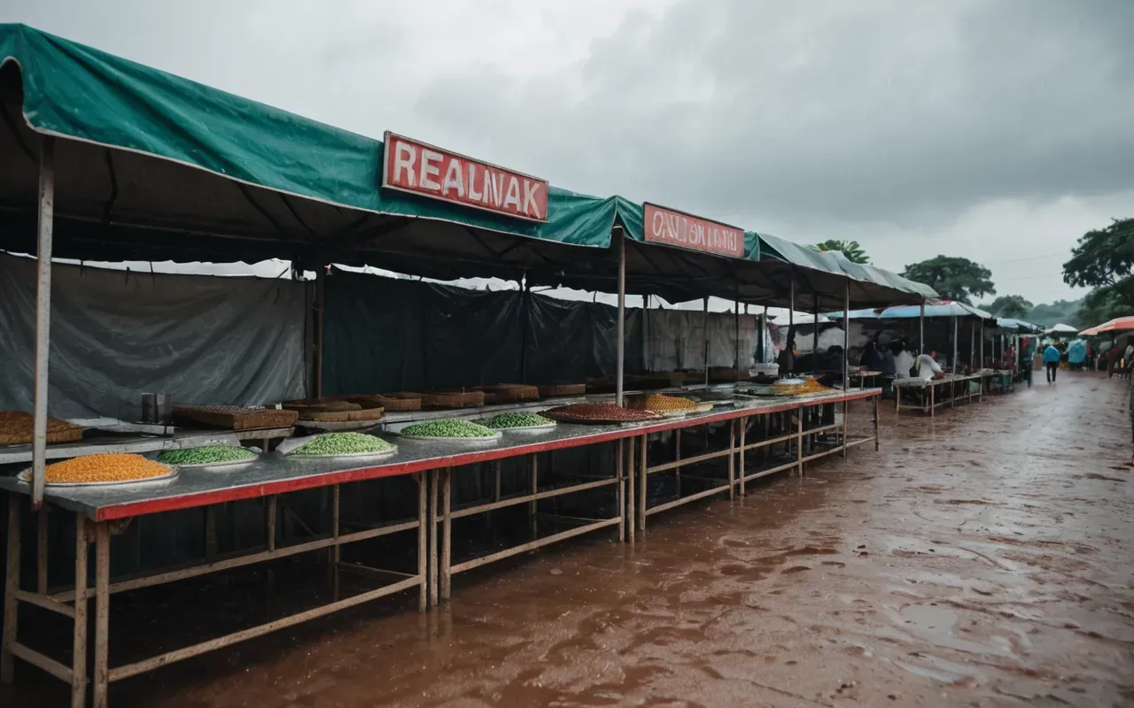 A row of closed food stalls with rainwater pooling on the ground and empty tables covered by plastic sheets under an overcast sky showing economic pause.