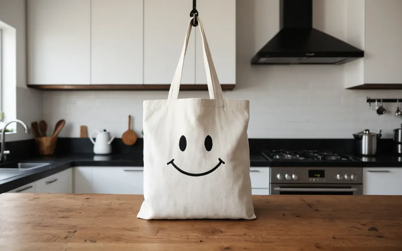 A simple white tote bag with a hand-drawn smiley face design hanging on a hook in a bright modern kitchen area.