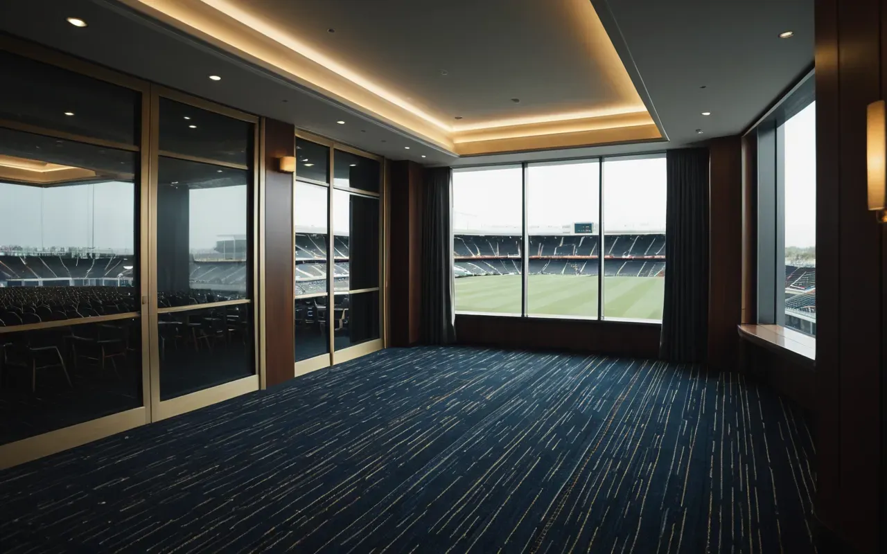A split composition showing a crowded stadium stand on the left side and an empty luxury hotel suite with floor-to-ceiling windows on the right side, separated by a vertical dividing line.