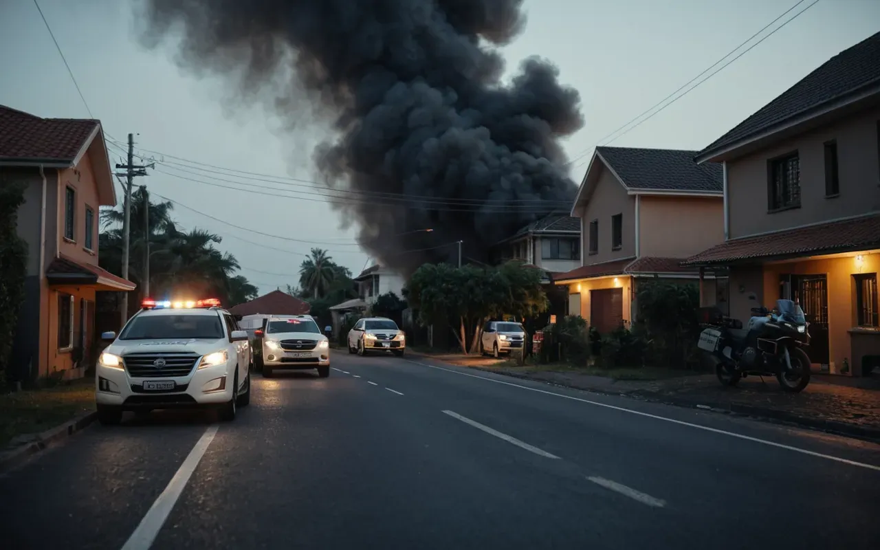 A tense nighttime scene on a quiet residential street with smoke rising from near a modern house facade and emergency vehicles parked in the background under dramatic orange lighting