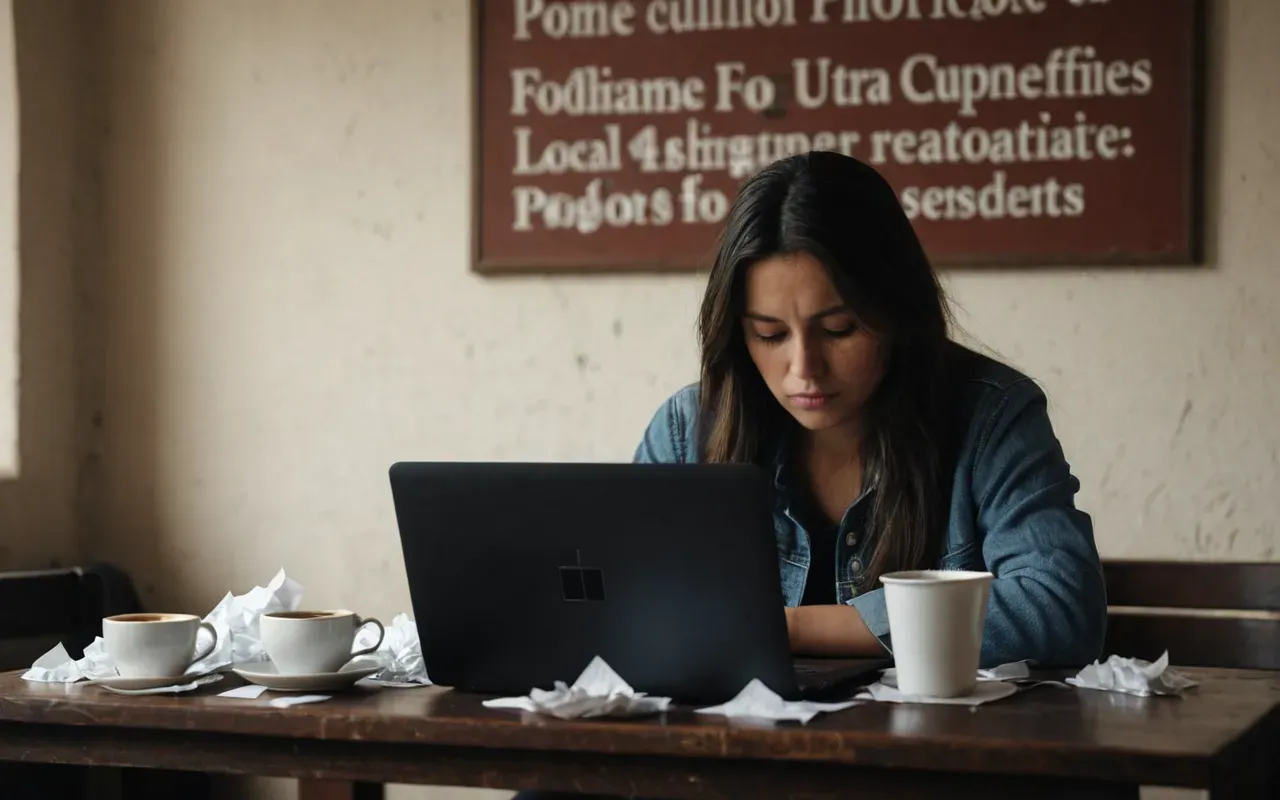 late night work session A tired but determined woman sitting alone at a small table covered in empty coffee cups and crumpled paper notes looking exhausted yet focused on her laptop screen with warm dim lighting creating a moody atmosphere of late night work.