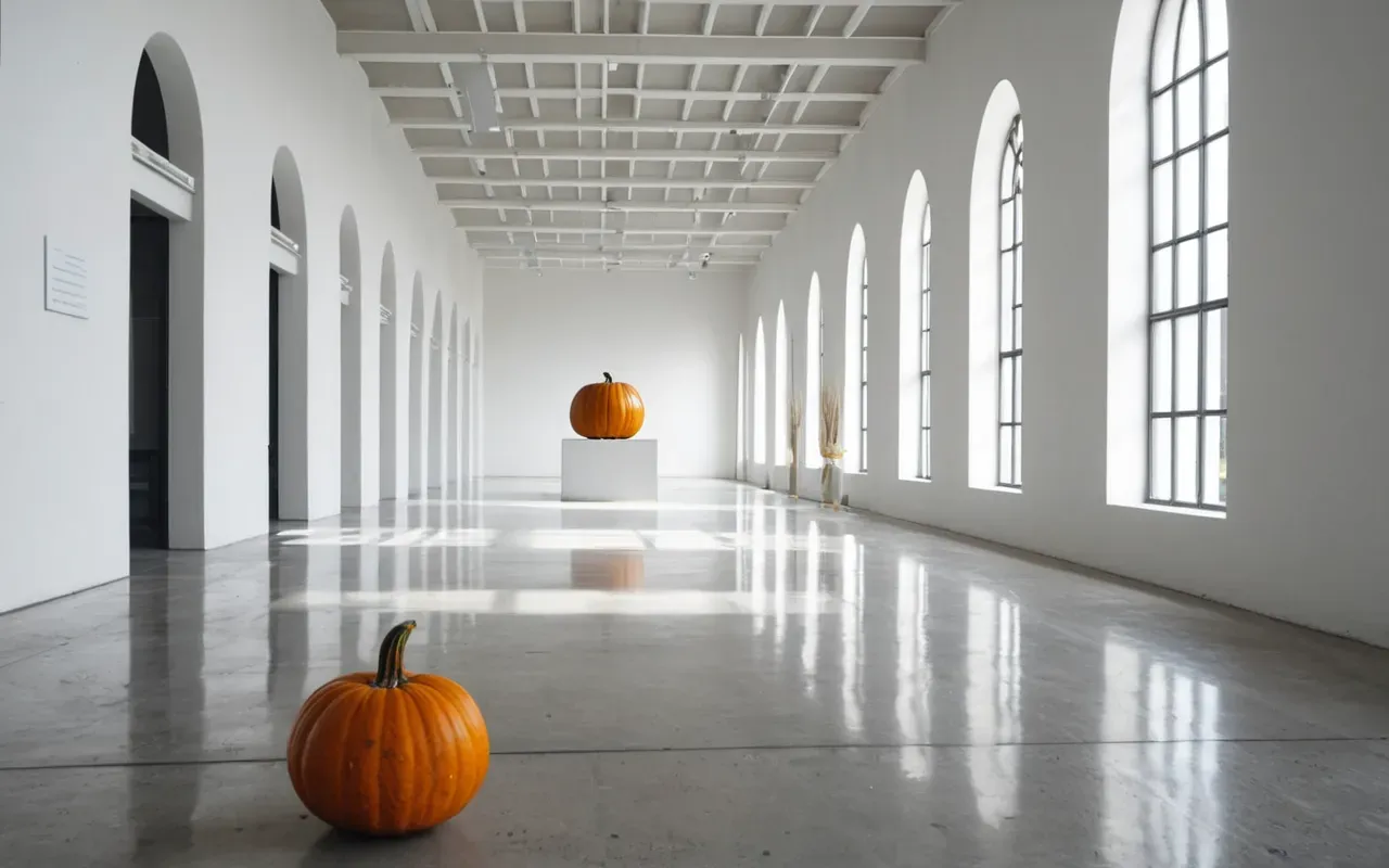 A vast empty museum hall with white walls and polished concrete floors, soft natural light streaming through high windows, a single small orange pumpkin sculpture sitting in the center of the room.