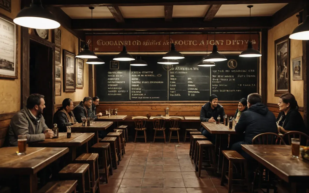 A vintage style interior with wooden tables and dim lighting showing a group of people socializing in a relaxed atmosphere without any visible modern technology.