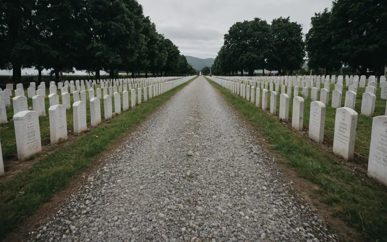 A wide-angle shot of a gravel path lined with white headstones where several people in athletic wear are running past. The lighting is soft and overcast creating a solemn but active mood with no text visible anywhere.