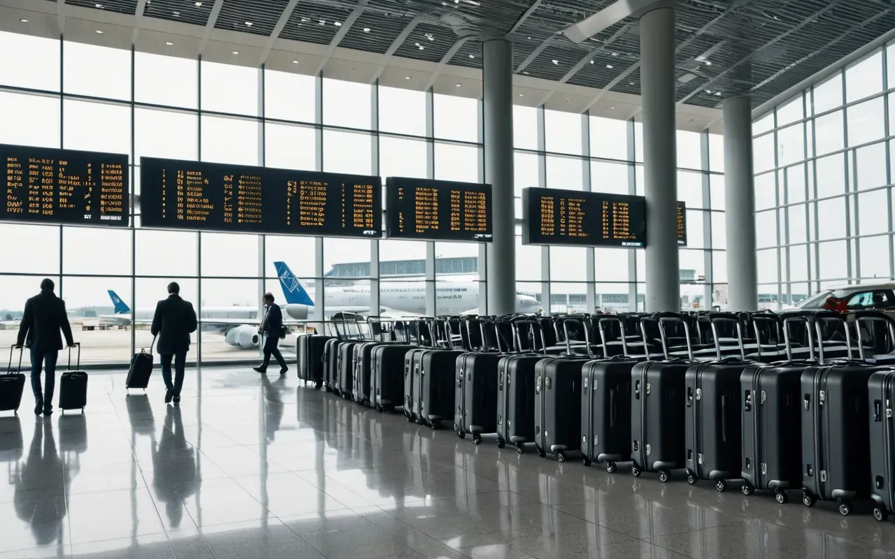 traveler data tracking A wide angle shot of a modern airport terminal with large floor to ceiling windows. Travelers walk through the space carrying suitcases while soft morning light illuminates the polished concrete floors and metallic structural beams creating a sense of motion and transient presence without any visible signage or text.
