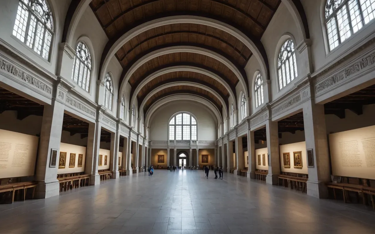 A wide-angle view of a grand museum interior with high vaulted ceilings and natural light streaming through large windows. The space feels vast and quiet.