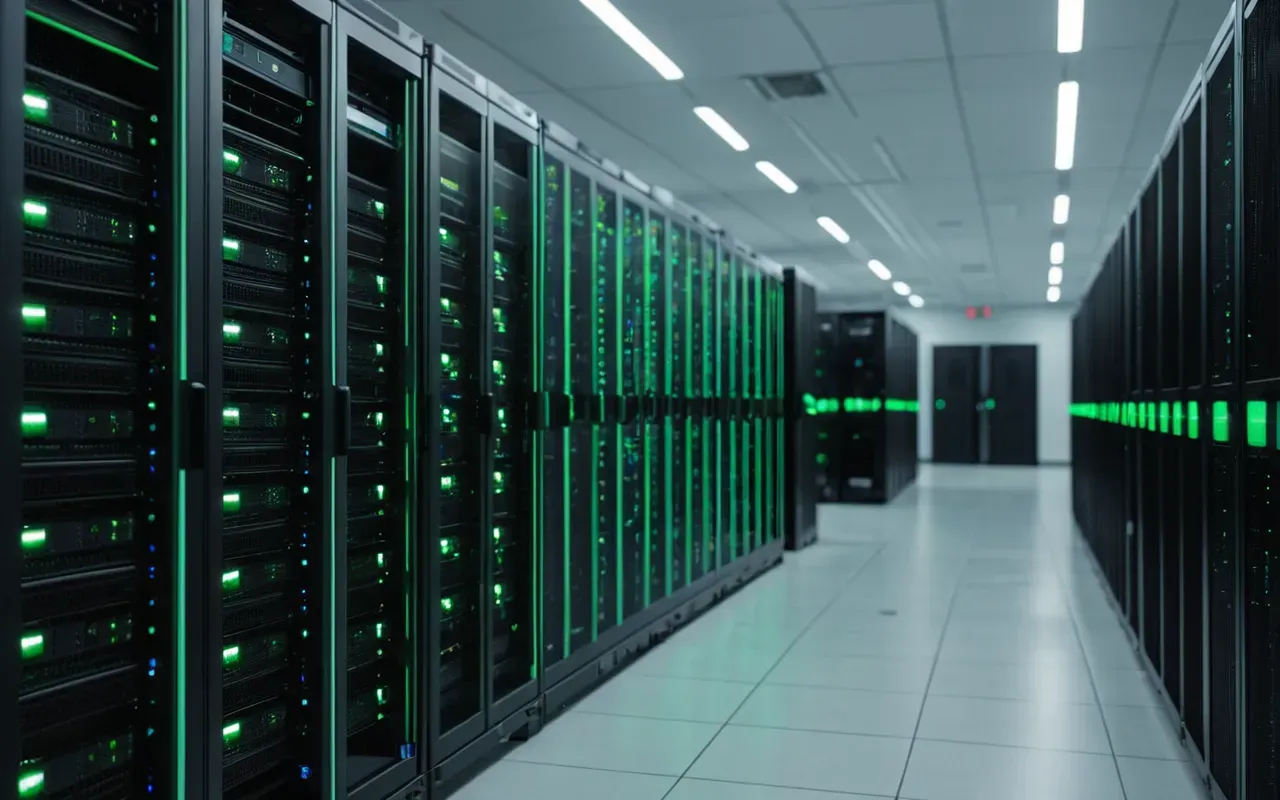 A wide shot of a modern data center room with rows of black server racks glowing with soft green indicator lights and cool blue ambient lighting creating a sterile high tech atmosphere that represents the physical infrastructure behind digital privacy concerns without showing any screens or readable text.
