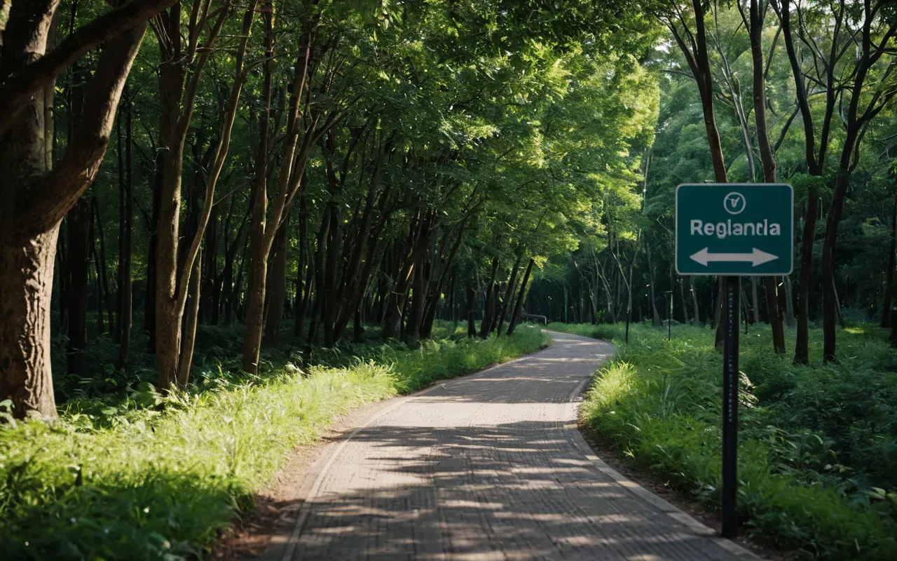 A wide shot of a modern paved walking path winding through dense green forest with soft dappled sunlight filtering through the tree canopy and no visible people or structures in the frame.