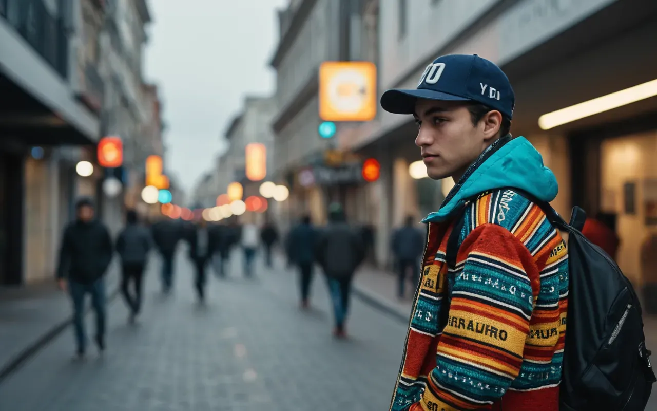 contemporary street fashion A young person wearing a stylish colorful jacket and cap walking confidently through a modern urban street with blurred city lights in the background capturing a candid moment of contemporary fashion style and youth culture energy.