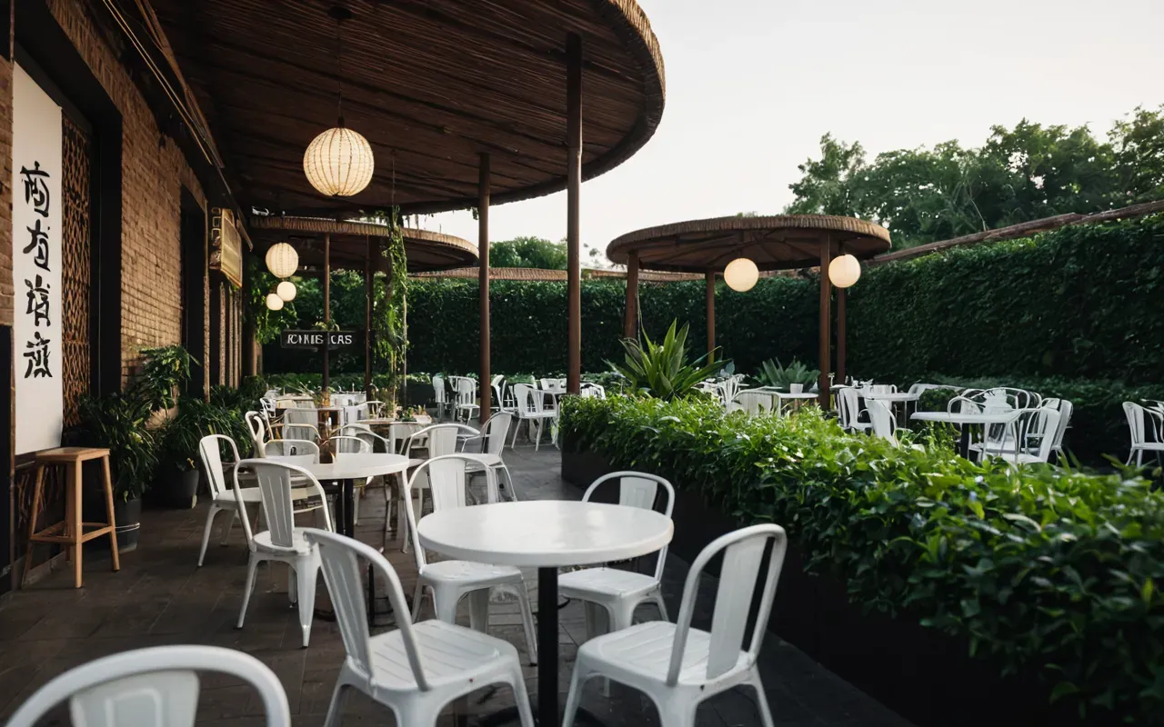 An outdoor terrace with empty white chairs and small round tables. Green plants hang from above creating a natural canopy over the seating area in soft evening light.