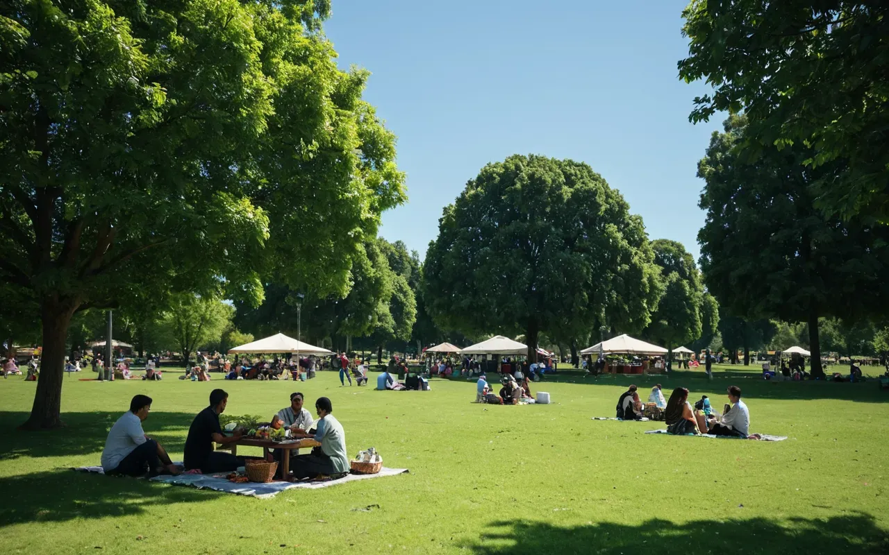 Bright view of a large green park area with people picnicking on the grass and trees providing shade under a clear blue sky creating a peaceful outdoor setting.