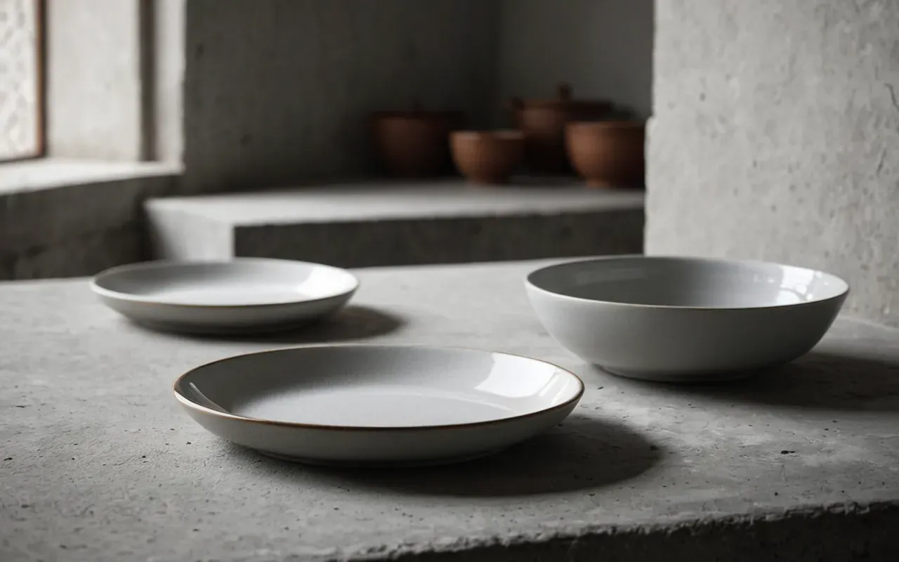 Clean editorial still life of ceramic dishware on a concrete surface, diffused soft light, monochrome neutral tones suggesting calm and simplicity in domestic setting