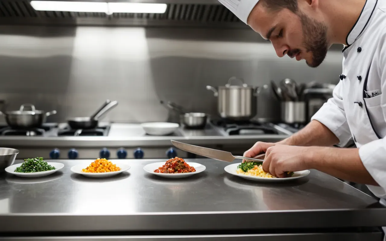 Close-up of a chef plating contemporary cuisine in a clean stainless-steel professional kitchen, shallow depth of field highlighting fresh ingredients and careful technique