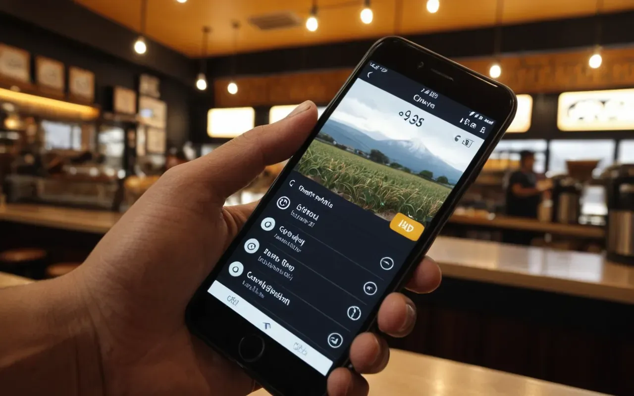Close-up of a hand checking a weather application on a smartphone screen held inside a modern cafe with warm lighting and blurred background.