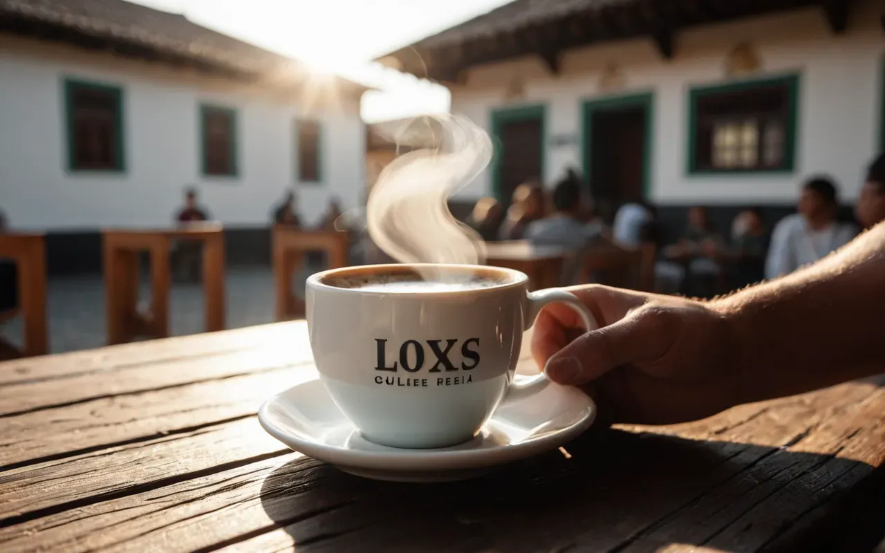 Close up of a hand holding a ceramic coffee cup on a wooden table with sunlight highlighting the steam rising from the hot beverage and blurred background of people chatting.