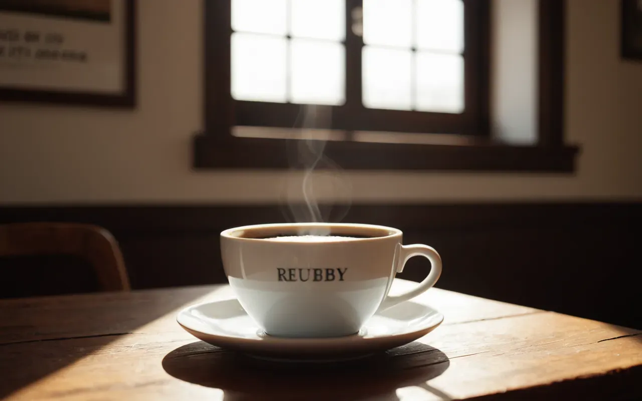 Close up of a modern coffee cup on a wooden table with soft morning light streaming through a window creating warm shadows editorial photography style