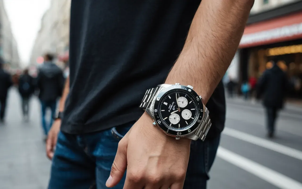 Close up of a modern wristwatch on a person's arm checking the time while walking in a busy city street, shallow depth of field, natural lighting, no visible text or logos.