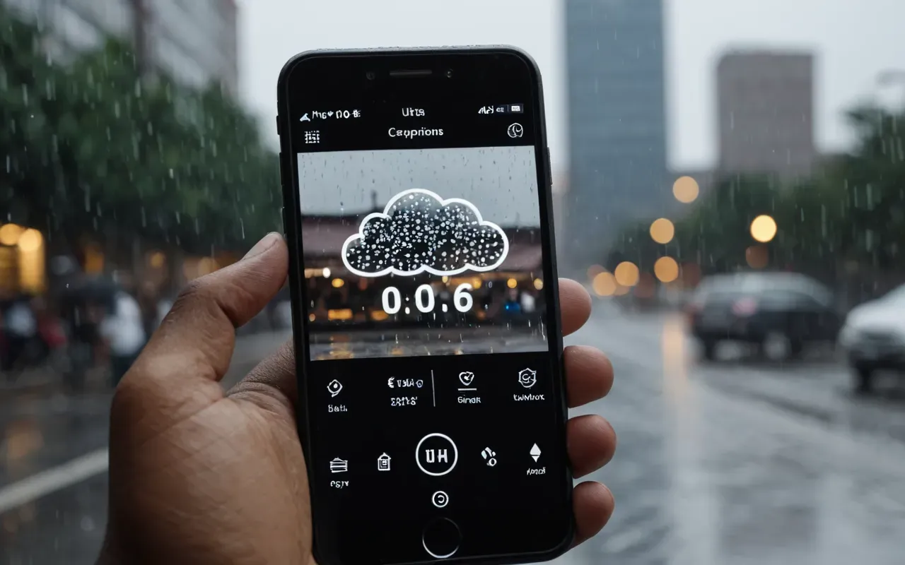 Close up of a smartphone screen displaying a generic rain cloud icon held by two hands in the foreground with blurred urban background bokeh and natural daylight lighting conditions.
