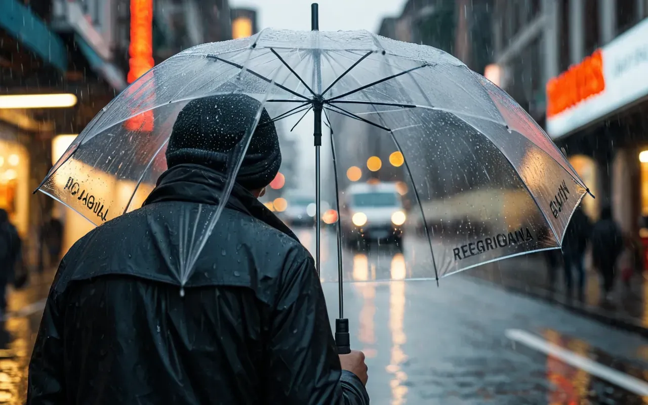 Close up of a transparent umbrella held by a person in the rain on a city street with blurred background lights, water droplets visible on the plastic surface, moody lighting.