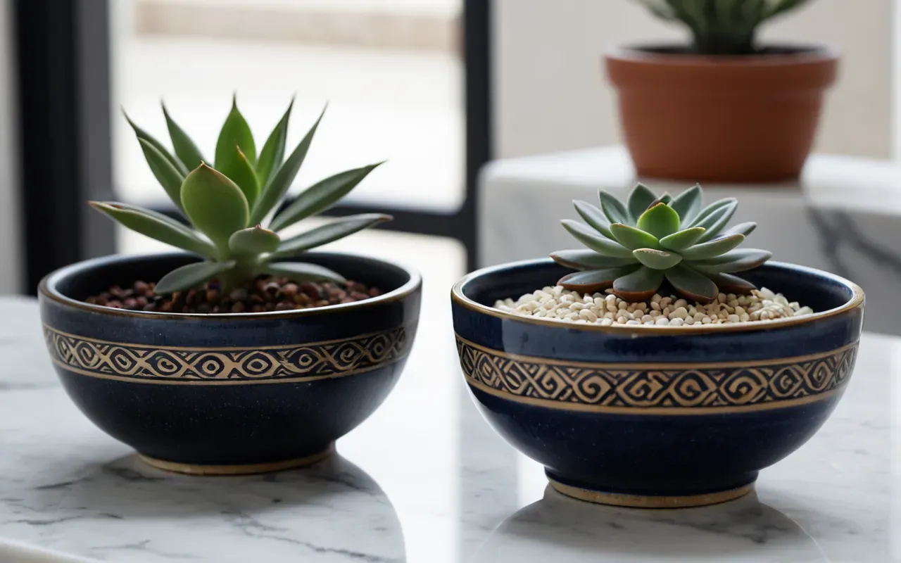 Close up of two elegant ceramic bowls with a matte finish sitting on a white marble surface next to a small potted succulent plant under natural light without any text.